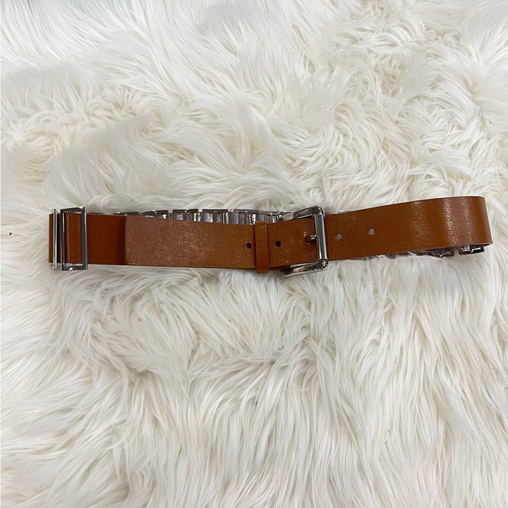 NEW Michael Kors Brown Leather Belt - Size XS, S - chrome plated.